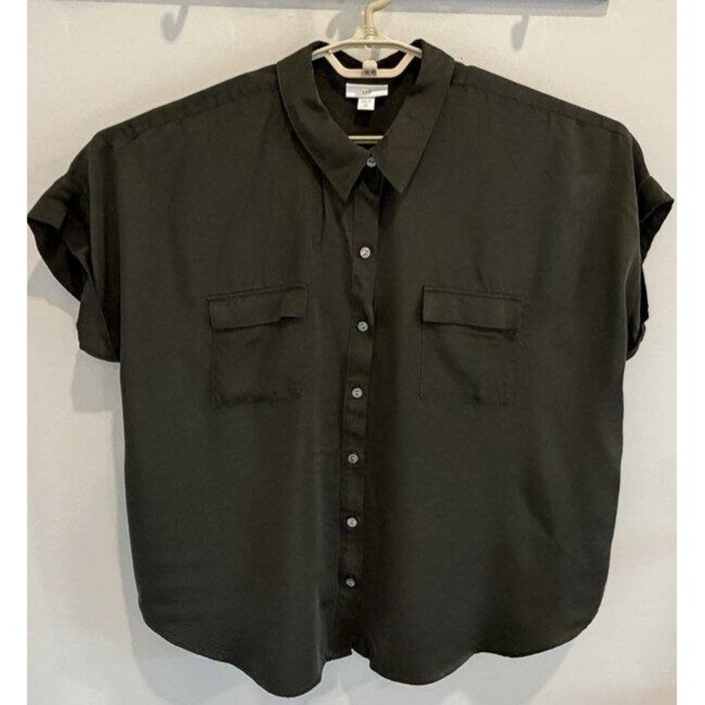 J Jill Dark Gray Green Button Front Drop Shoulder Short Sleeve Shirt Size XL Pet